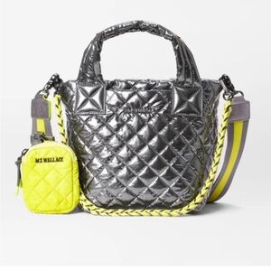 MZ Wallace Silver Quilted Shoulder Bag with Yellow Accent
